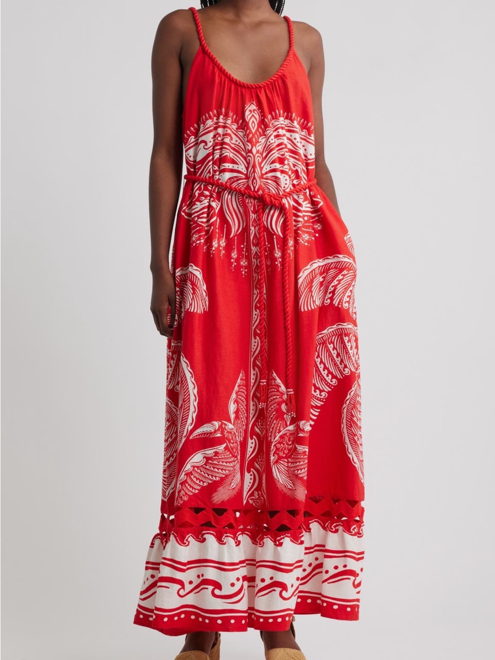FARM Rio Red Majestic Coconut Tree Maxi Dress with beaded Rope Tie size M